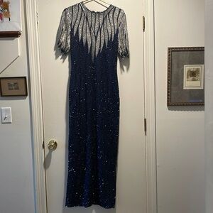 SCALA Silver Leaves Beaded Front Torso and Sleeves Homecoming Prom Gown